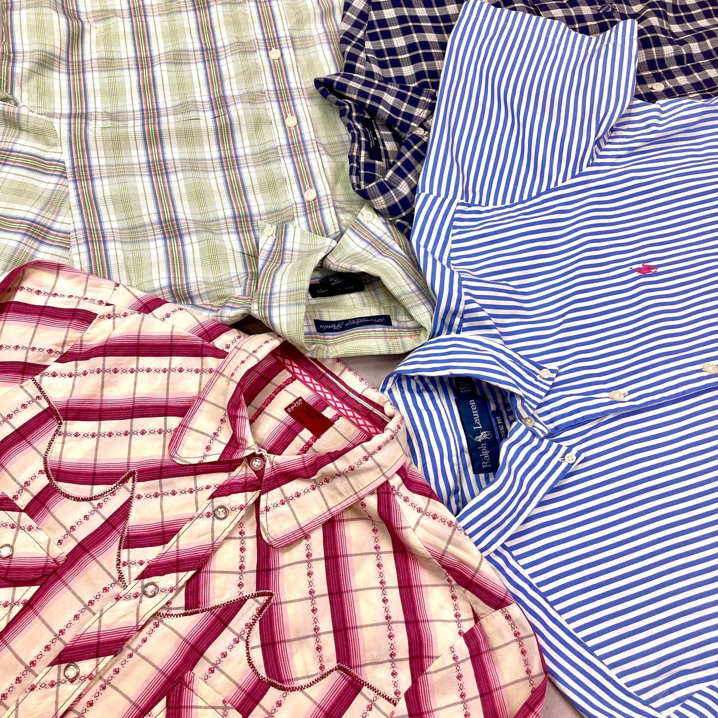 selection of vintage shirts, plaid cowboy, branded & checked shirts shown