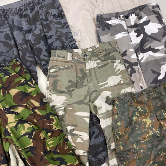 camo cargo pants in shades of khaki green, grey & brown. 