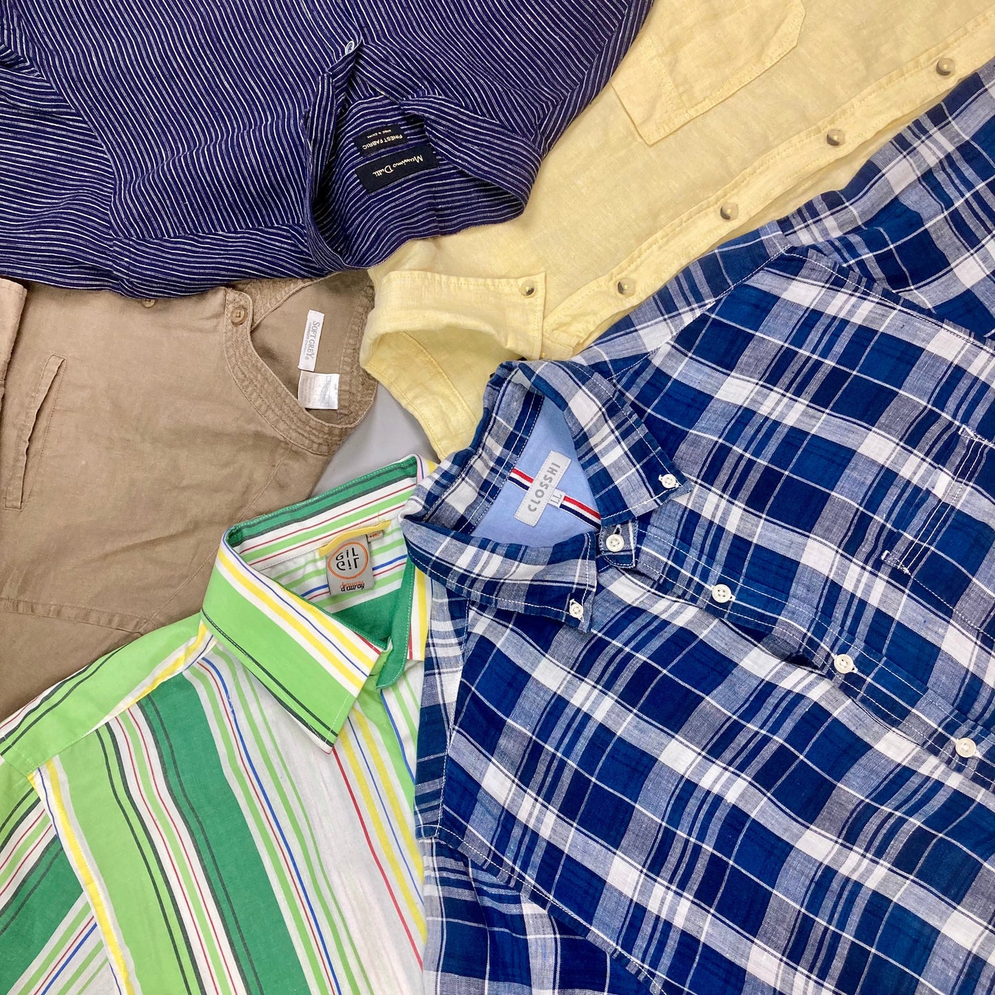 Bright selection of vintage linen shirts in wholesale clearance