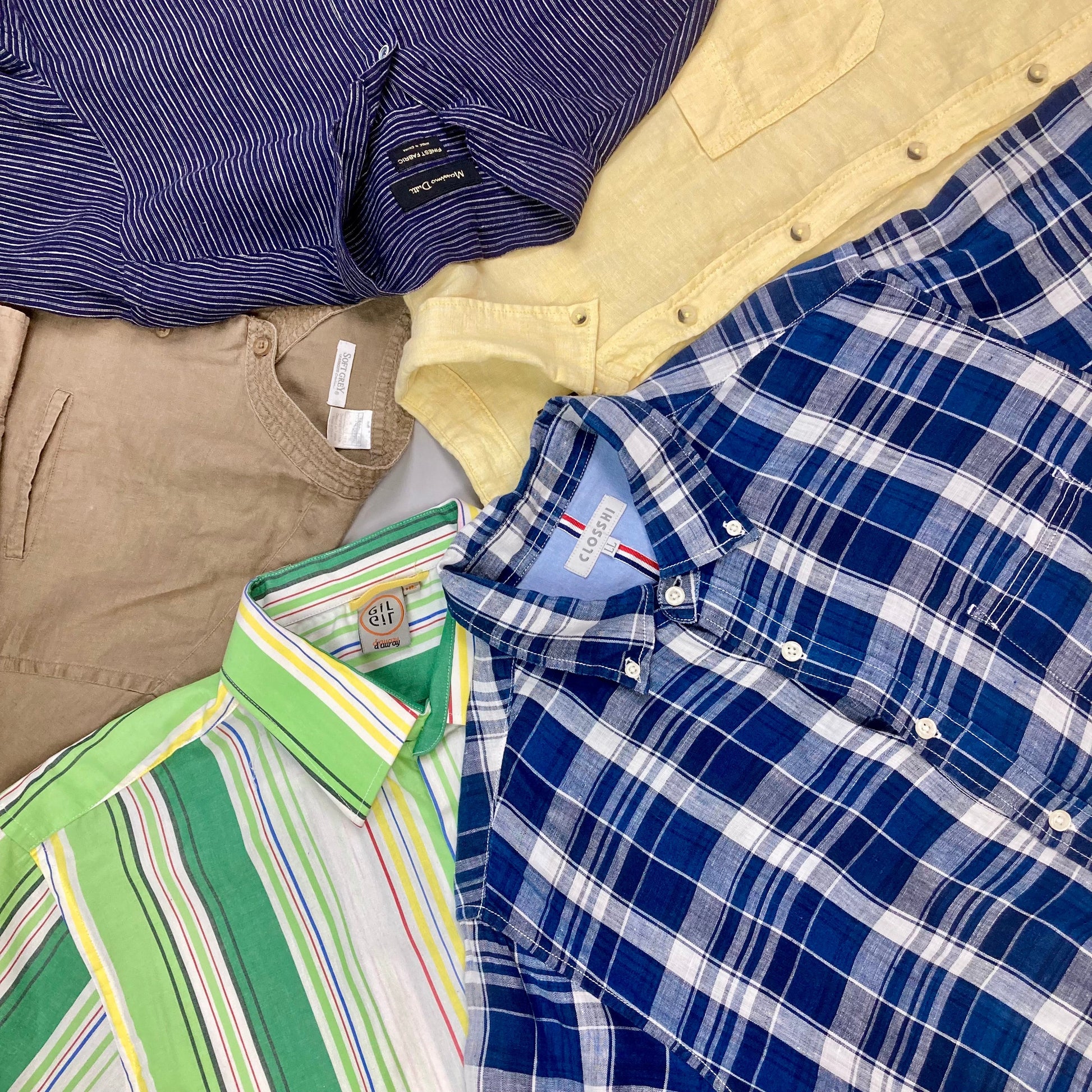 Bright selection of vintage linen shirts in wholesale clearance