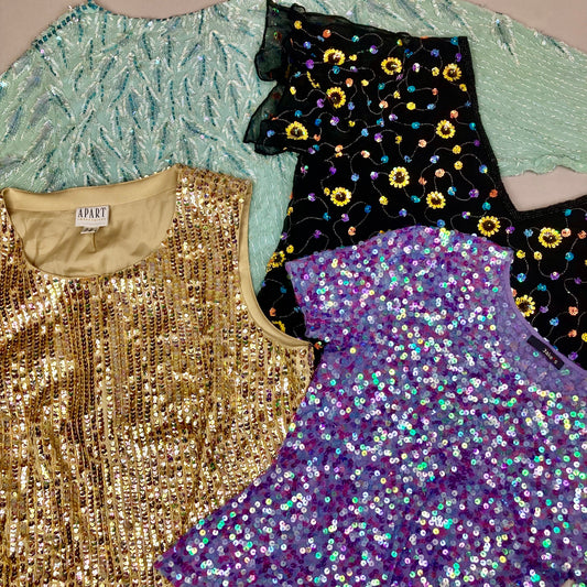 bright sequin tops in gold, daisy yellow, purple & pastel blue