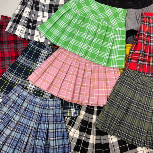 brightly coloured plaid y2k britney skirts 